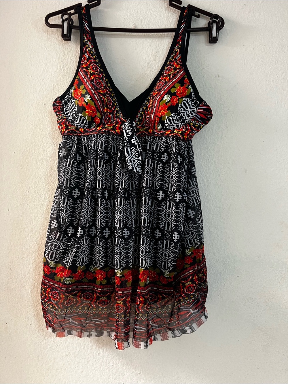 Black & Red Boho Floral Babydoll Tunic